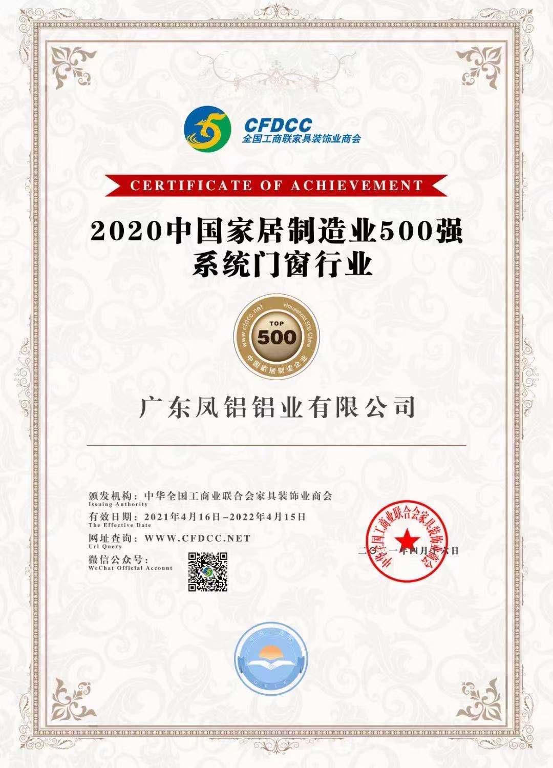 2020年中國家居制造業(yè)500強系統(tǒng)門窗行業(yè)前列